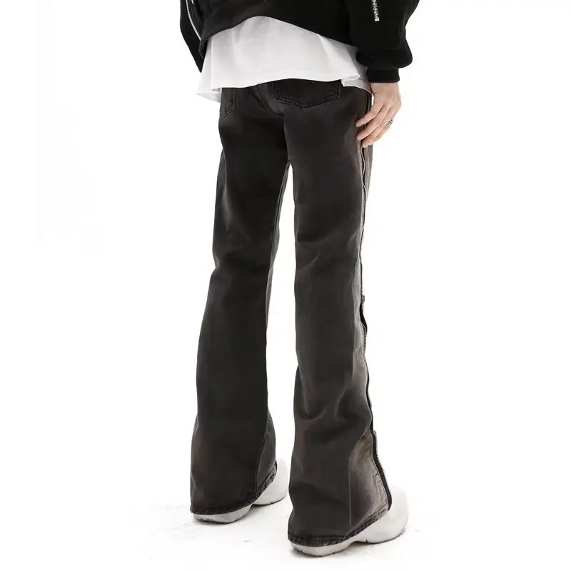 Y2K Streetwear Baggy Flare Men Jeans Pants Split Zipper Straight Vintage Washed Black Hip Hop Denim Trousers Pantalon Homme 250517