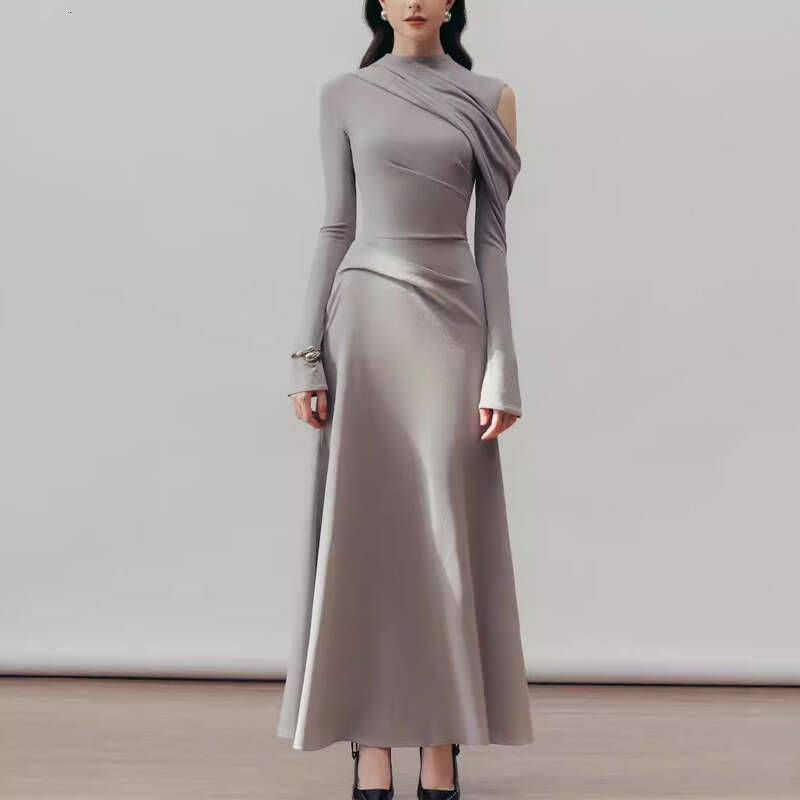 Maxi Dress Long Sleeved Ultra Simple Long Knitted Dress Elegant Temperament Pleated Off Shoulder Slim Fit Women S Clothing Formai Dress