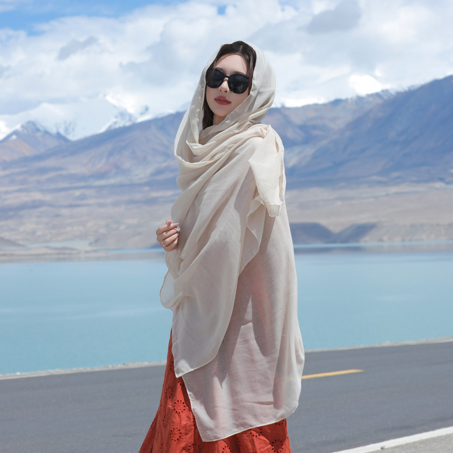 K754 Spring and autumn oversized cotton and linen scarf solid color ethnic style seaside vacation sunscreen shawl beach towel silk scarf women
