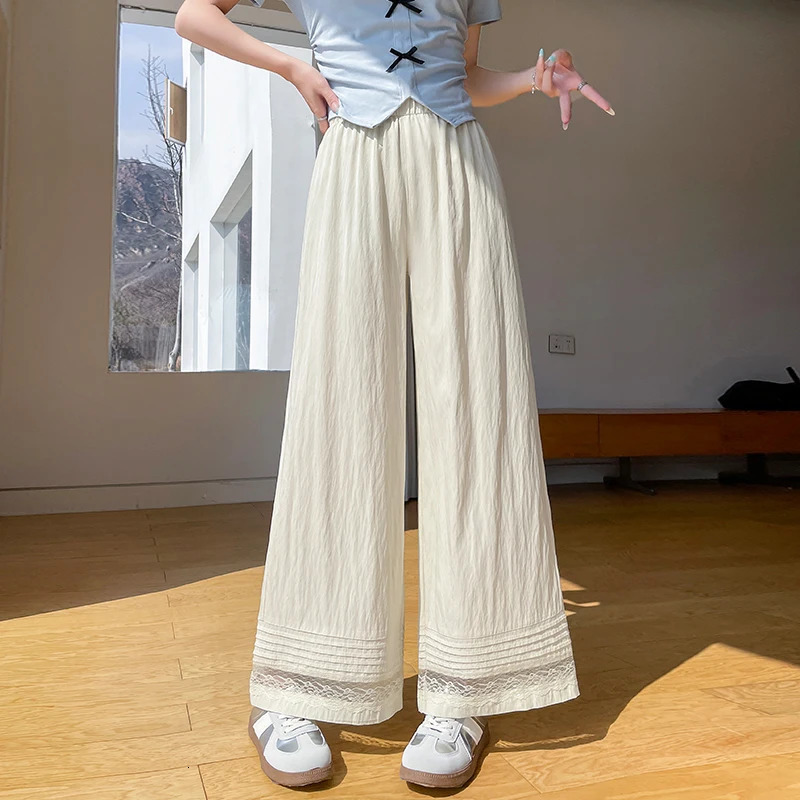 Spring and summer lace patch work womens wide leg ankle pants 2025 high waisted elegant straight loose 250506