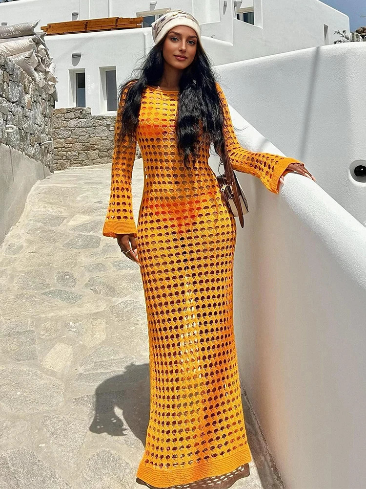 Sexy Cut Out Bell Sleeve Solid Knit Crochet Beach Maxi Dress Women Summer Chic Swimsuit Cover Up Elegant Party Outfit K23 250517