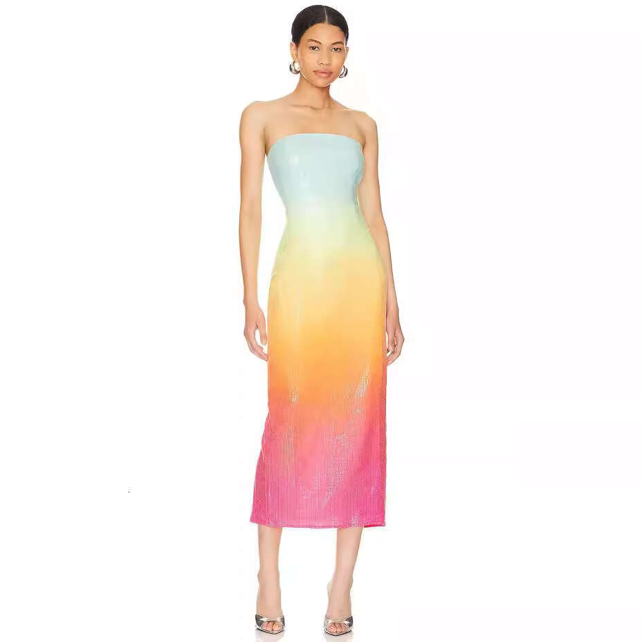 Maxi Dress New Strapless Rainbow Gradient Sequins Dating Travel Photography Graduation Season Socialite Evening Dress KQ