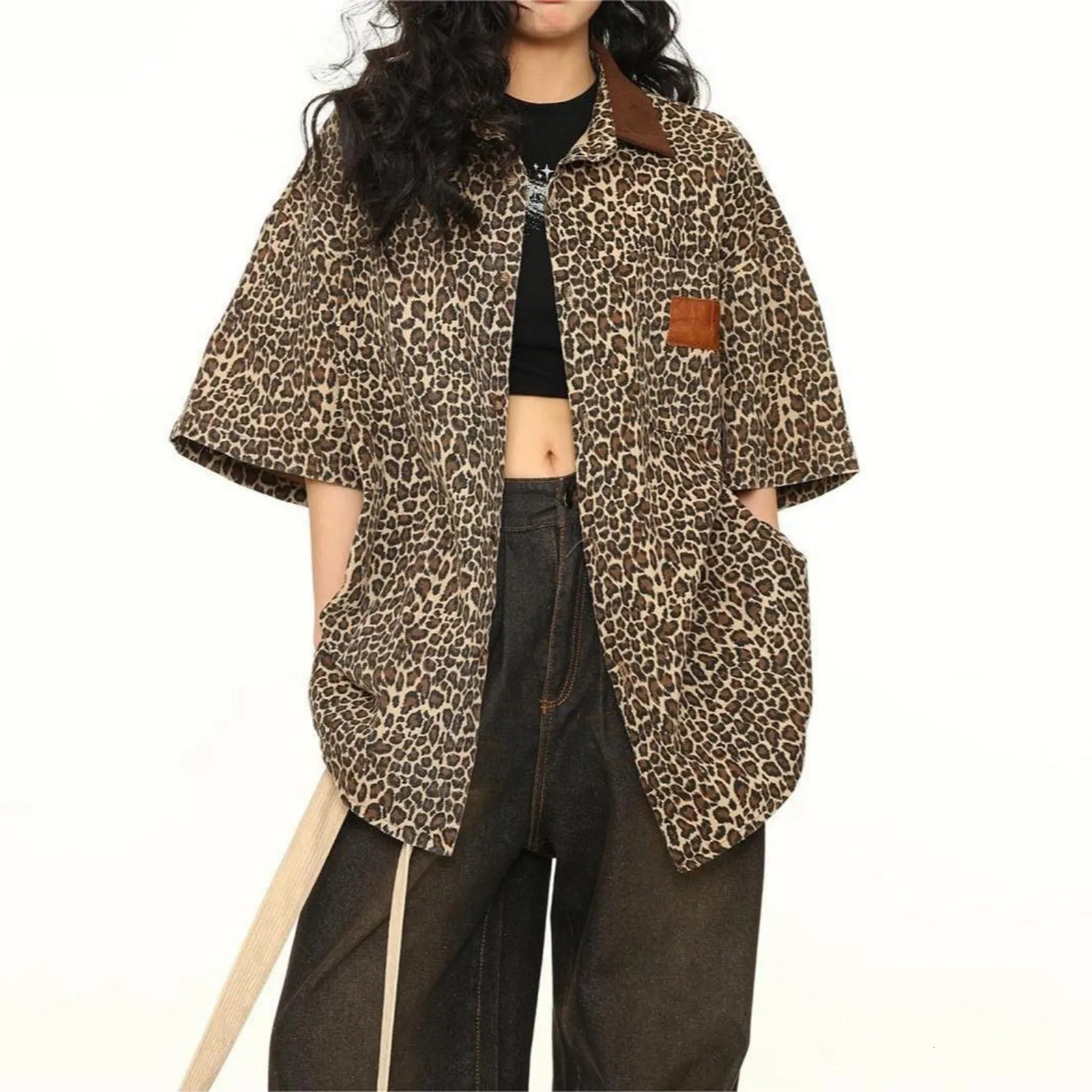 Leopard Print Shirts Senior Sense n Retro Embroidery Short Sleeve Oversize Elegant Shirt Breathable Comfty Cotton Blouse 250516Z