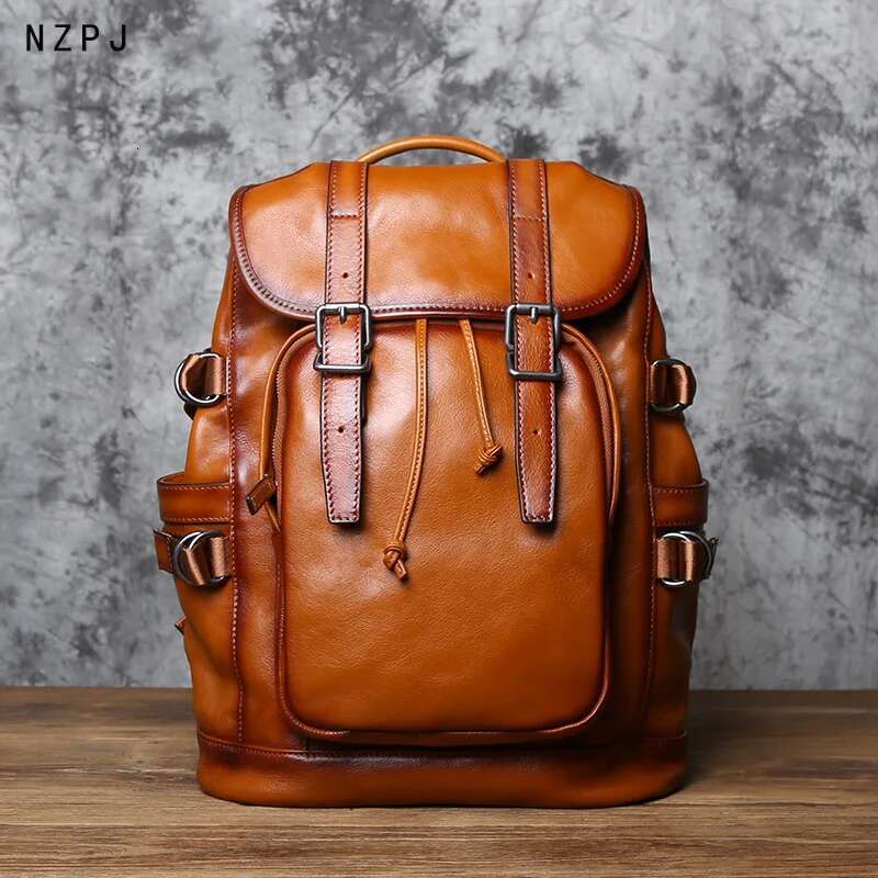 NZP Retro Leather Men's Backpack European And American Fashion Travel Top Layer Cowhide Casual School Laptop Bag