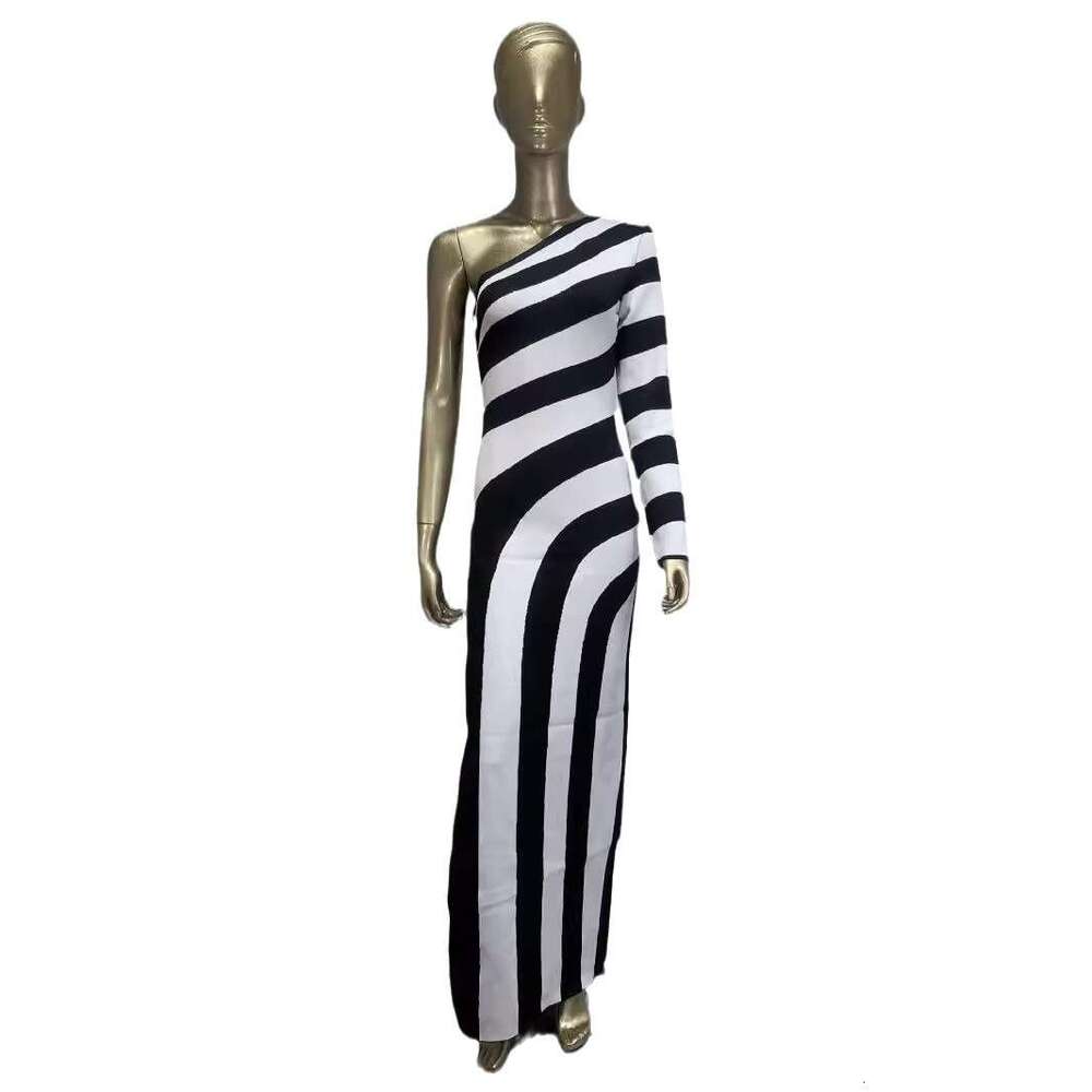 Maxi Dress New Zebra Pattern Single Shoulder Long Sleeve Bare Leg Bandage Banquet Party Dress KQ