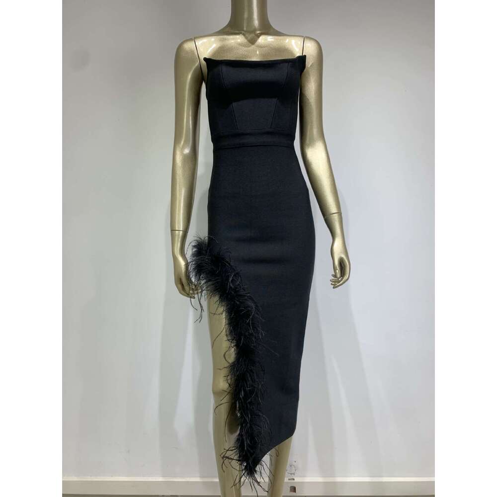 Maxi Dress New Pink Bandage Dress Fashionable Strapless And Leg Exposed Feather Party Dress Formai Dress