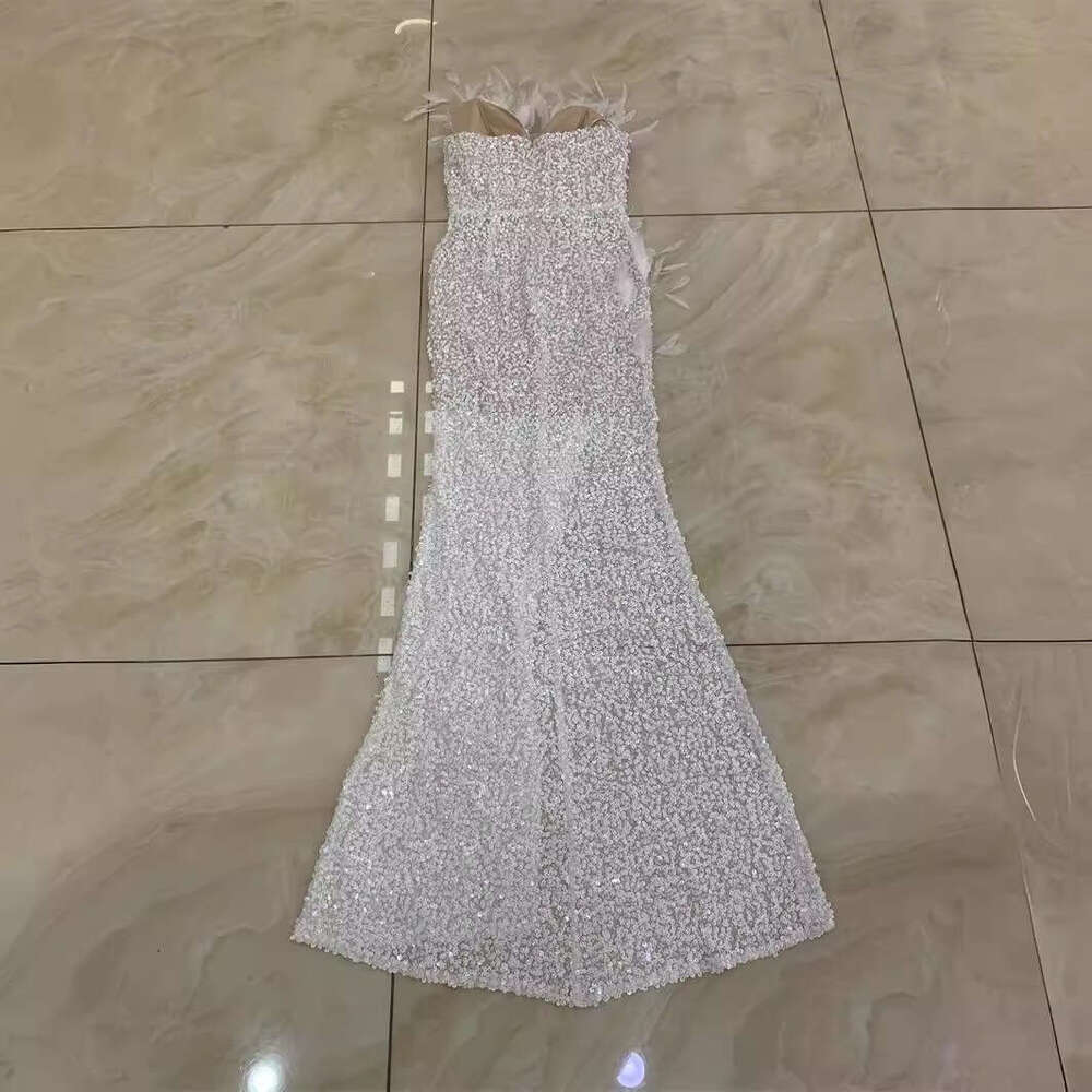 Maxi Dress Gorgeous Feather Sequin Nail Bead High Slit White V Neck Strapless Dress Wedding Banquet Dress KQ
