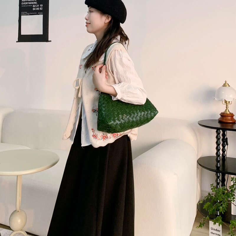 Tote Bag Dragon Woven Toe Cover Layer Cowhide Women S French Style Vegetable Basket Handmade Leather Handbag Shoulder Bag KQ