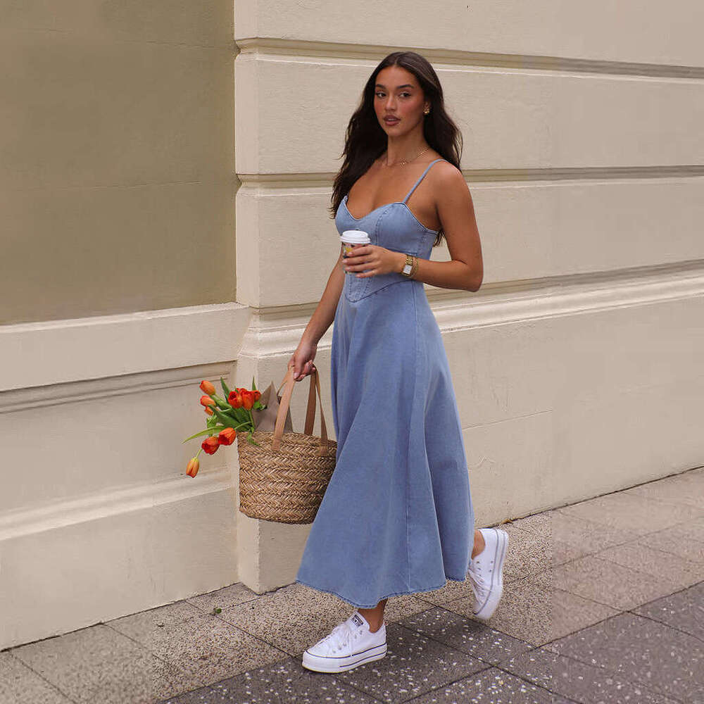 Maxi Dress Spring And Summer New V Neck Camisole Vintage Sexy Style Elastic Denim Long Dress KQ