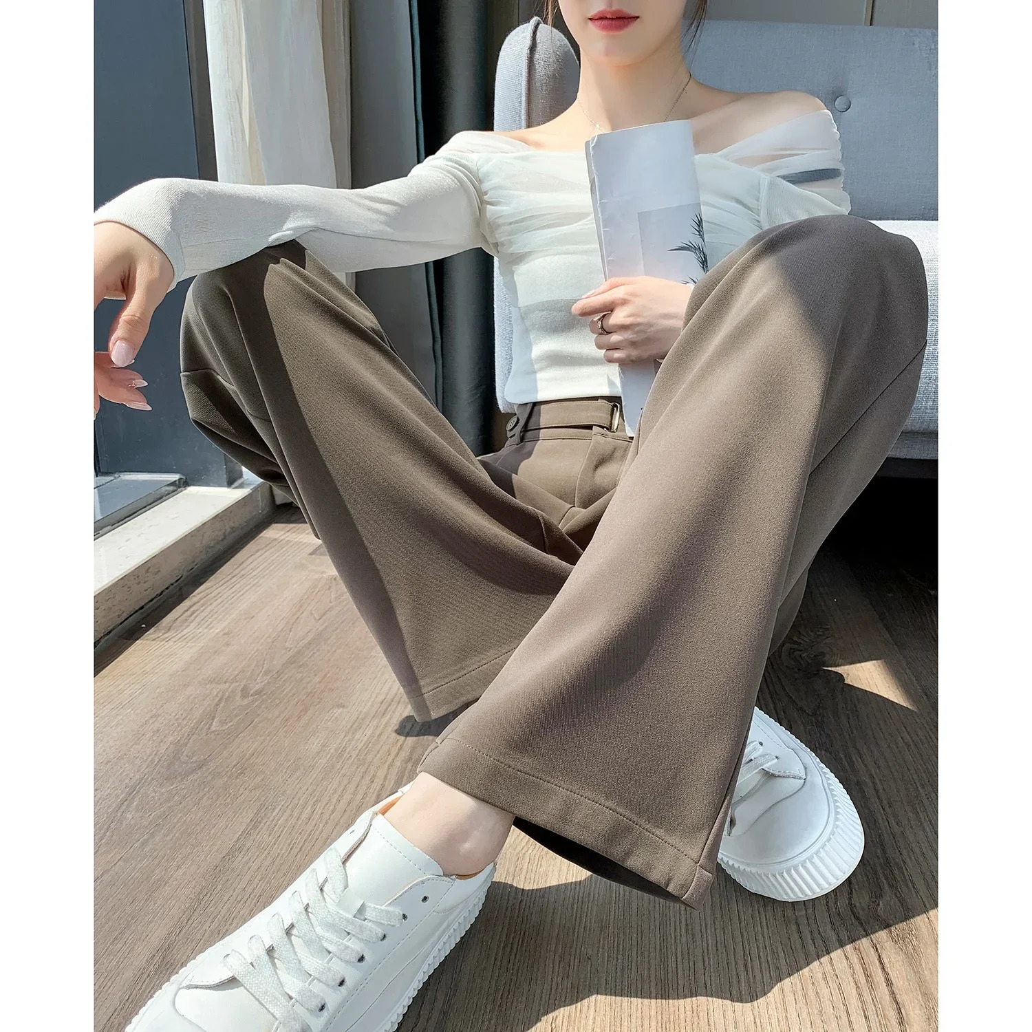 SpringSummer Button Loose Womens Wide Leg Pants High Waist Solid Elegant Straight Casual 250506