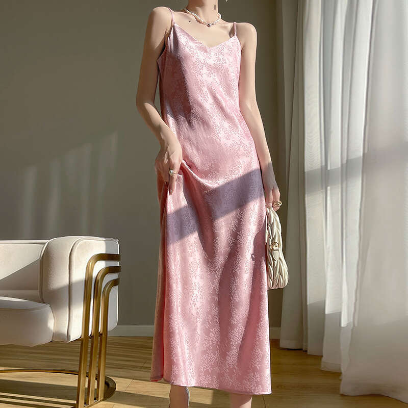 Maxi Dress New Acetic Acid Satin Suspender Dress Women Wearing V Neck Silk Print For A Slimming And Sexy Long Skirt Formai Dress