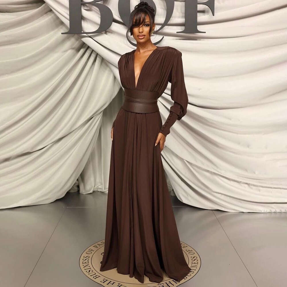 Maxi Dress Spring And Summer New Design Waist Sealed Pleated French Dress Coffee Colored V Neck Long Sleeved Women S Clothing KQ