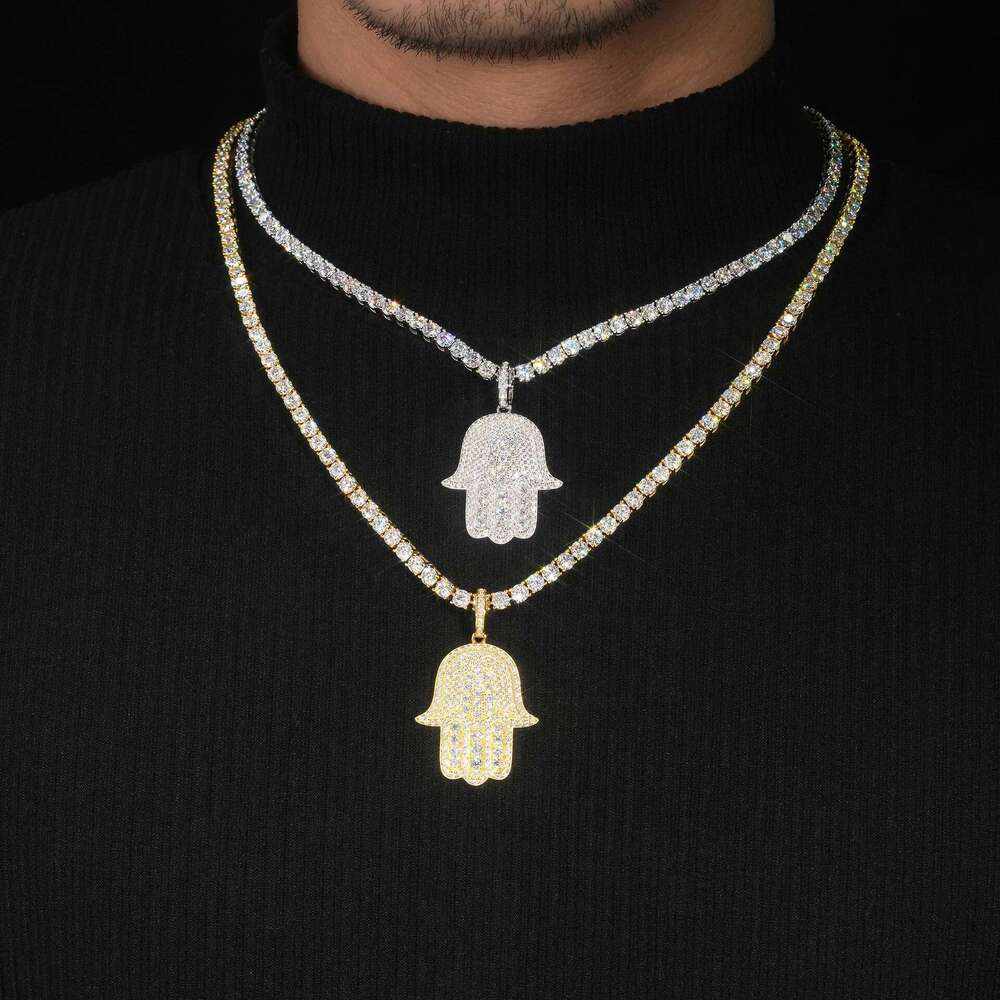 Hiphop Iced Moissanite Dia Hamsa Hand Sterling Sier Fatima Good Luck Charm Pendant Plated 14K Gold Pass Tester