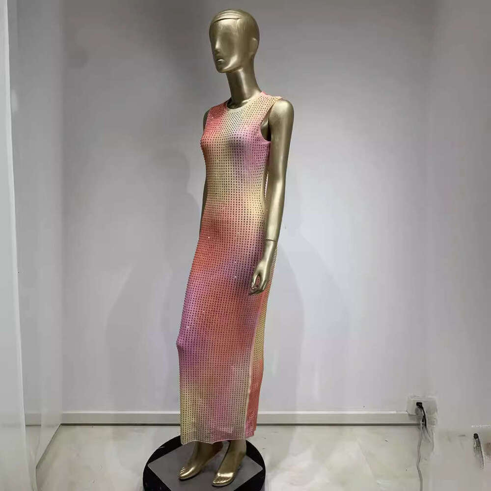 Maxi Dress New Sleeveless Round Neck Hot Diamond Gradient Long Fashion Banquet Party Dress KQ
