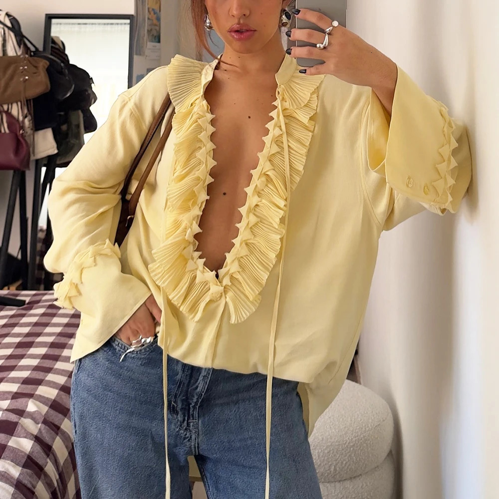 Talenza Casual Chiffon Shirt Women Fashion Pleated Laceup Solid Lace Top Summer Vacation Loose Vintage Elegant Female Blouses 250516Z