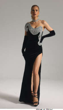 Maxi Dress Diamond Shaped Design High Slit Single Shoulder Sleeveless Black Dress Socialite Dinner Red Carpet Dress KQ