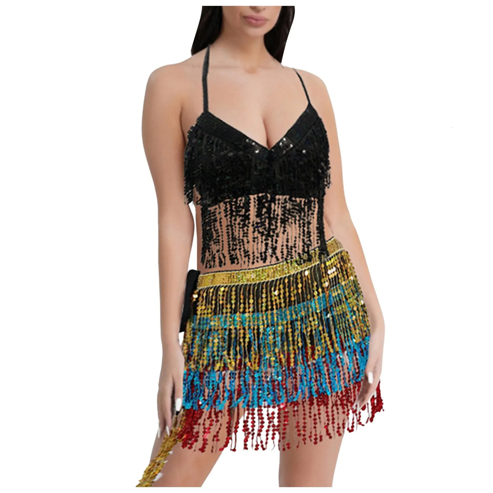 Belly Dance Top Bra Skirt Set Latin Sequin Fringe Halter Hip Skirt Sexy Party Costume 4 Layer Tassel Stage Performance Clothes 250516