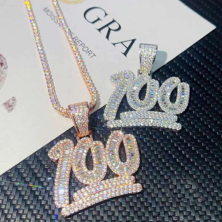 Hip Hop Jewelry Letter a Custom Charm Lucky Number 100 Pendant Baguette VVS Moissanite Iced Out Necklace