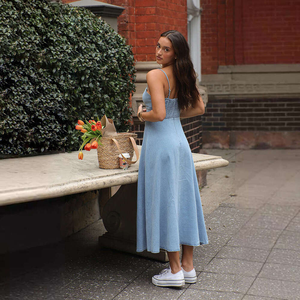 Maxi Dress Spring And Summer New V Neck Camisole Vintage Sexy Style Elastic Denim Long Dress KQ