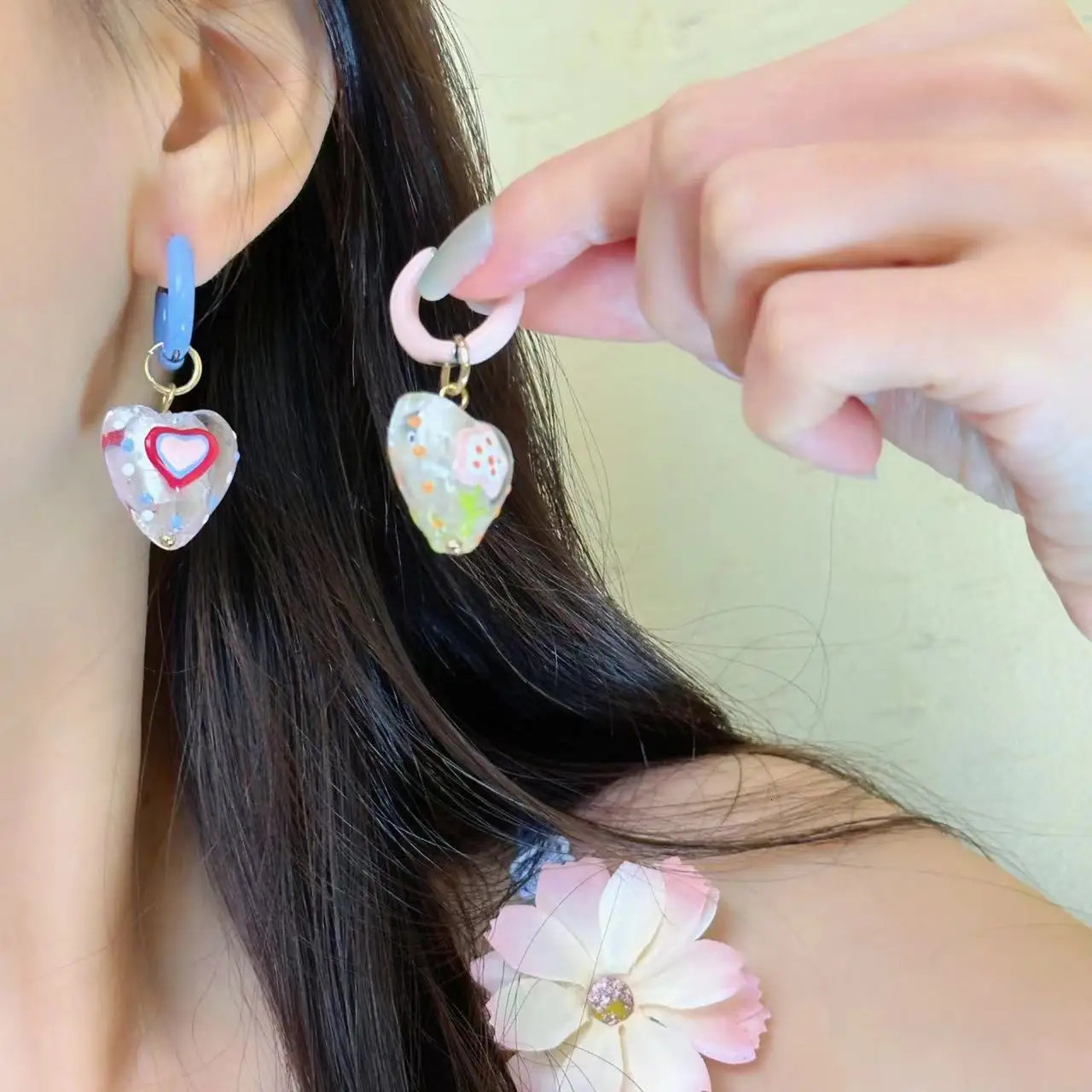 Colorful Asymmetrical Enamel Flowers Heart Shape Drop Earrings for Women Girls Cute Handmade Hoop Earrings Holiday Jewelry Gifts 250517