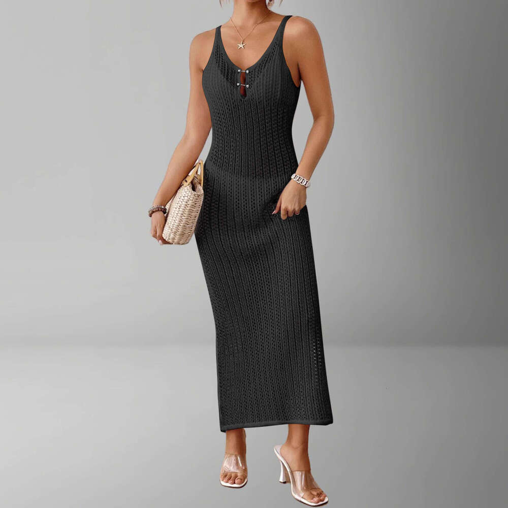 Maxi Dress New Hollow Texture V Neck Sleeveless Vacation Dress Beach Sun Protection Backless Long Dress KQ