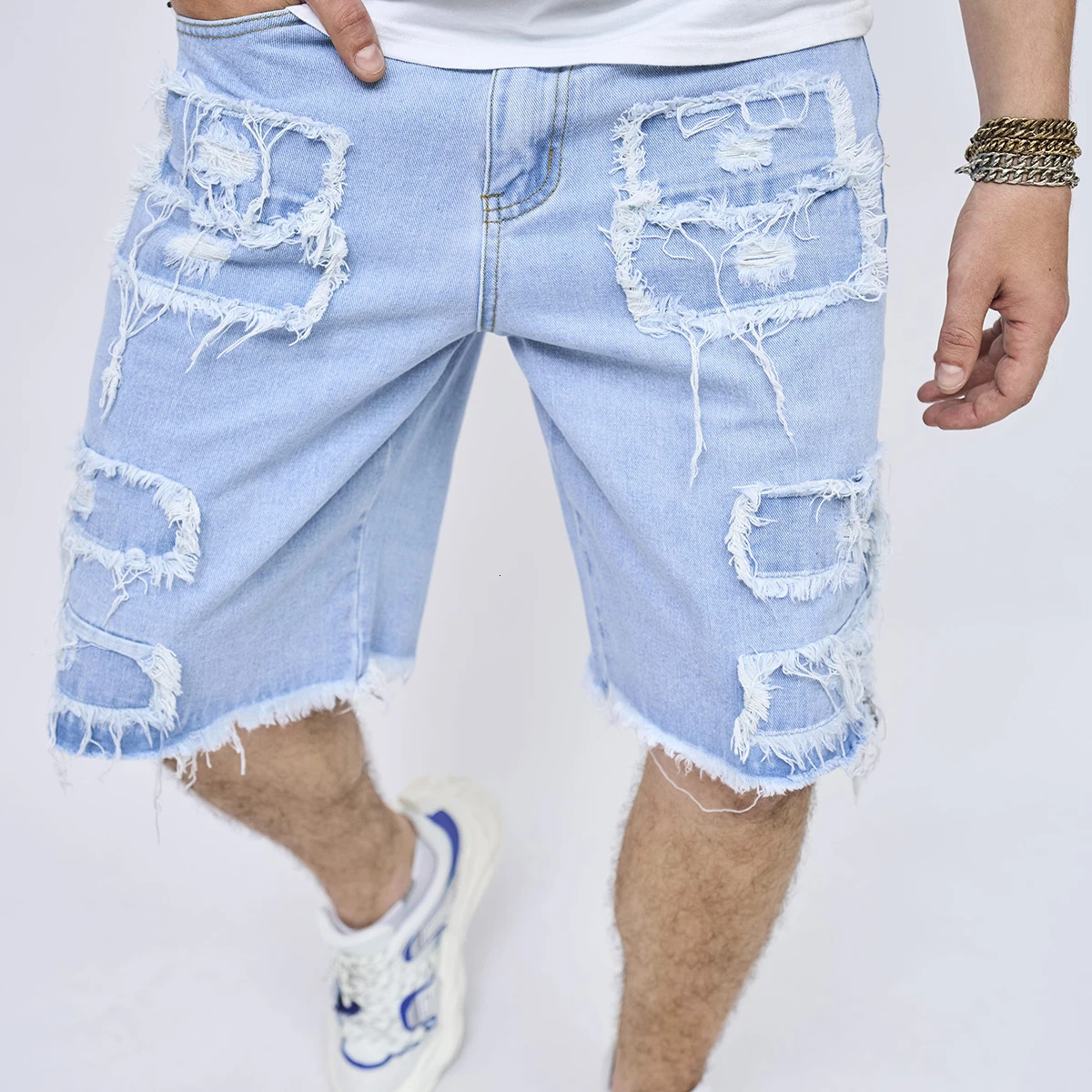 Summer Mens High Street Ripped Patch Denim Shorts Stylish Solid Casual Male Straight Jeans Shorts 250517