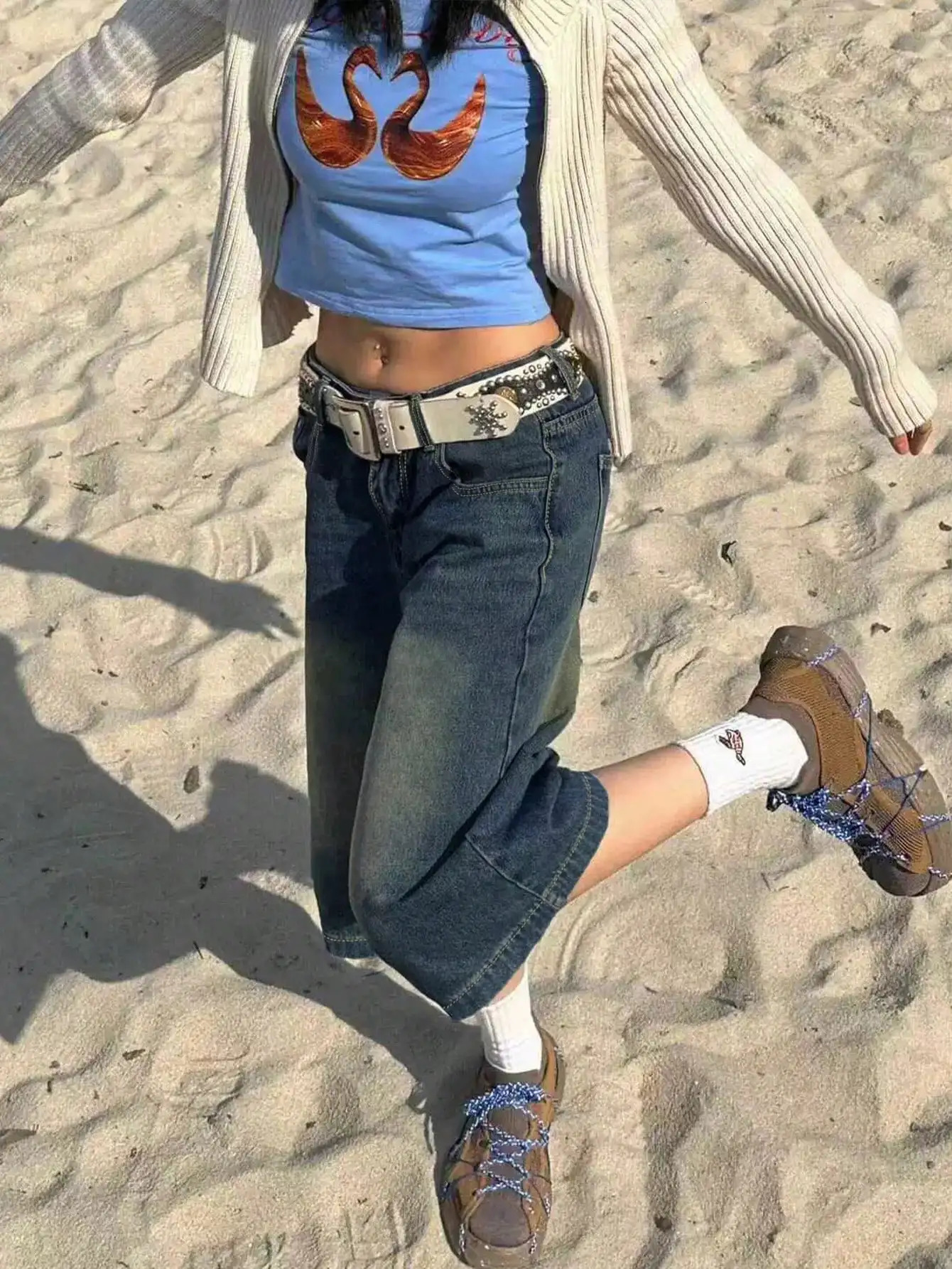 Y2K Street Vintage Drop Waist Slant Pocket Washed Cat Whisker Wide Leg Jorts Bermuda Denim Shorts 250517