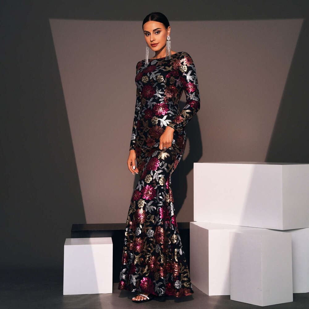 Maxi Dress Evening Gown Sleeved Temperament Round Neck Sexy Slim Fit Long Sequin Banquet Bridesmaid Dress For Women Long Dress