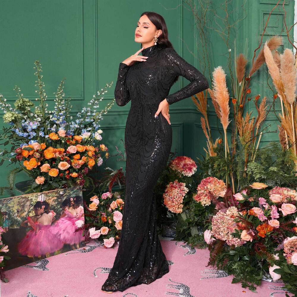 Maxi Dress Long Sleeved Temperament Round Neck Sexy Slim Fit Long Sequin Banquet Evening Bridesmaid Women S Dress KQ