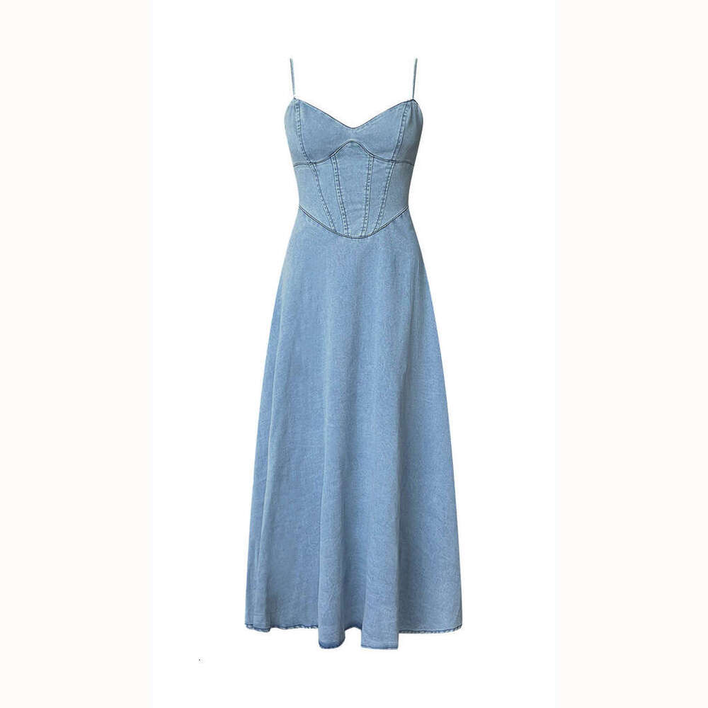 Maxi Dress Spring And Summer New V Neck Camisole Vintage Sexy Style Elastic Denim Long Dress KQ
