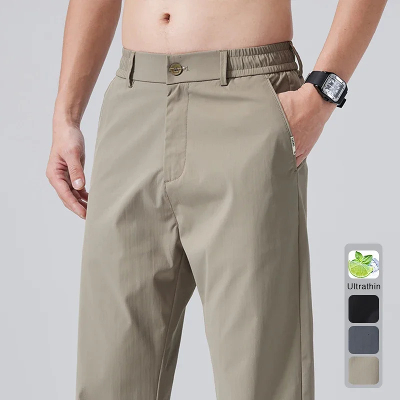 Summer Thin Ice Silk Slim Casual Pants Male Stretch Straight Fashionable Cropped Mens Classic Jogging Sweatpants 250513Z
