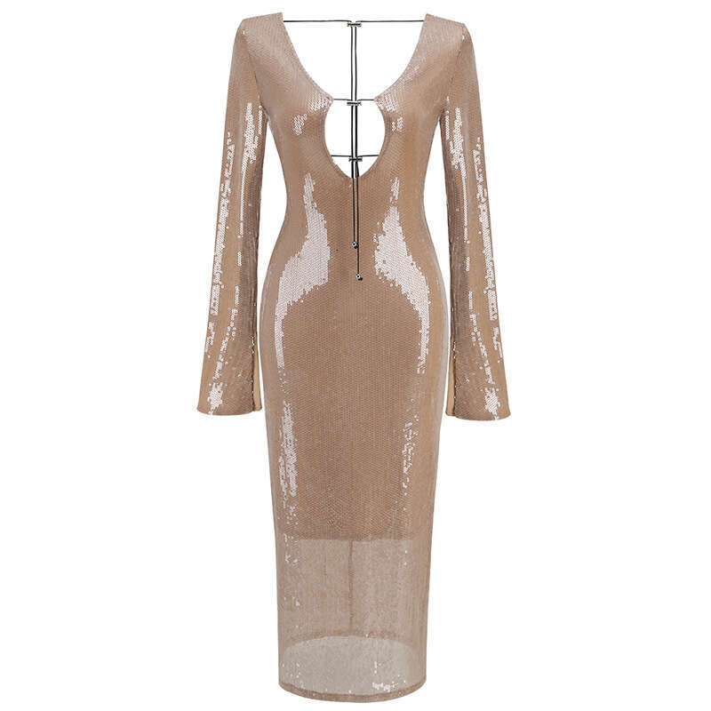 Maxi Dress High End Fashion Sequin V Neck Backless Slim Fitting Party Dress Mid Length KQ