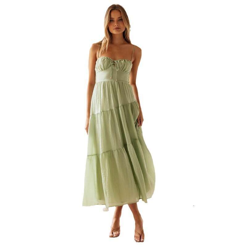 Maxi Dress Women S New Sleeveless Patchwork Suspender Long Backless Lace Up Large Hem Dress KQ