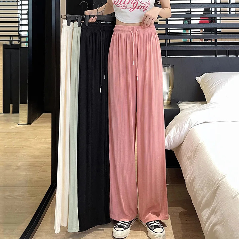 Summer Women High Waist Wide Leg Pants Lady Cute Green Pink Baggy Straight Leg Trousers Female Cool Ice Silk Outside Slacks 250517
