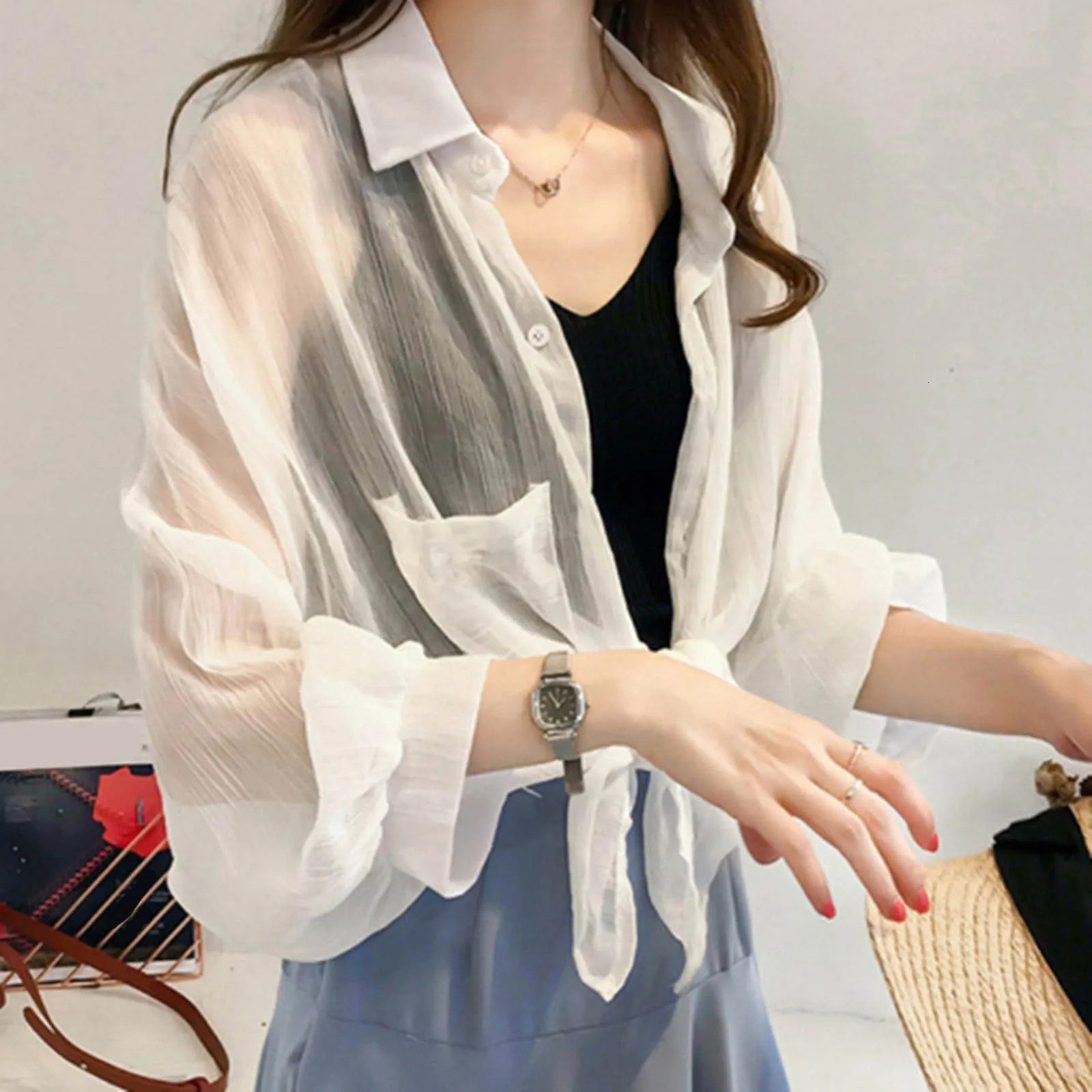 Korean Fashion Suncreen Shirts for Women Lapel Neck Plus Size Loose Sleeve Blouse Womens Sheer Versatile Chiffon 250516Z
