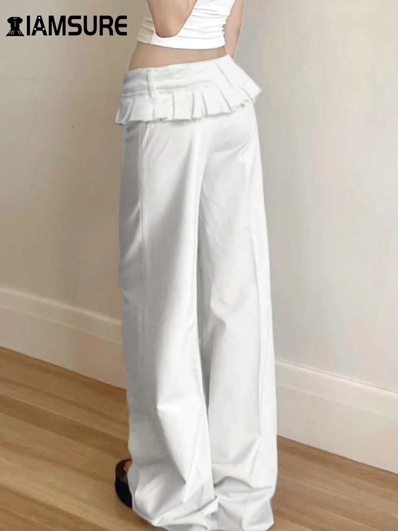IAMSURE Casual Patchwork Wide Leg Pants Loose Solid Low Waist Straight for Women 2025 Summer Fashion Street Clothing 250506