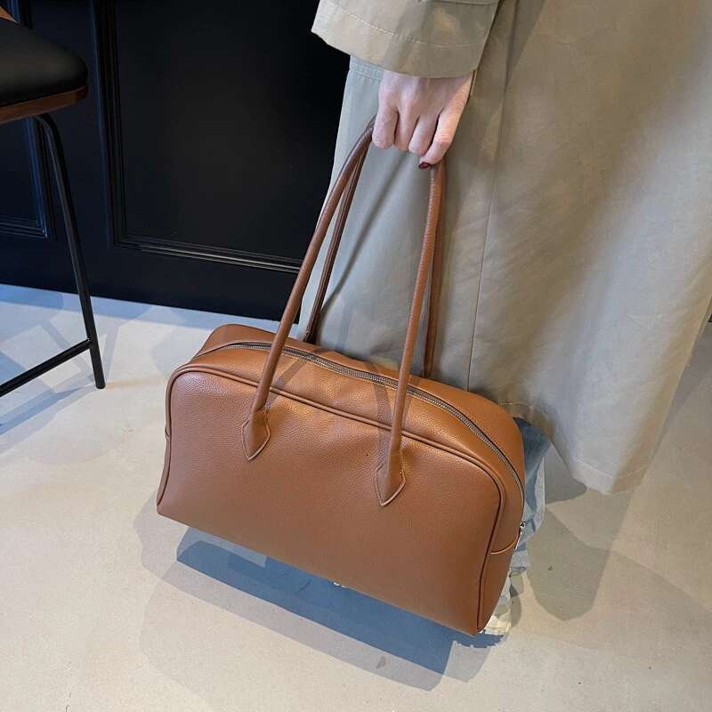 Oversized Bowling Shoulder Bags For Women Soft PU Leather Pure Color Lychee Pattern Large Capacity Travelling Shopper Tote