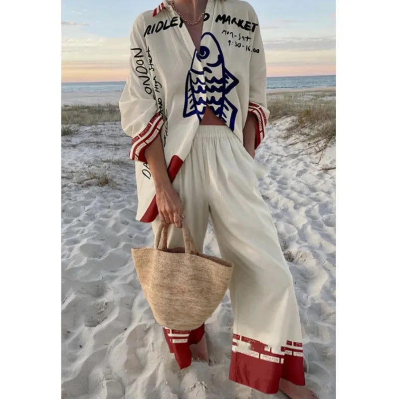 Vacation Style Cruise Print Two-Piece Cruise Outfit Seaside Tropical Print Lapel Shirt Wide-Leg Pants Suits For Women 250517