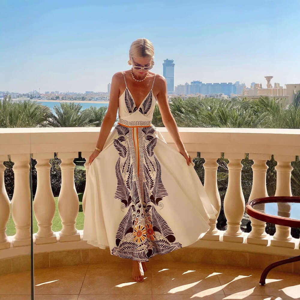 Maxi Dress Year Summer New Backless Lace Up Long With Printed V Neck Elegant Dress KQ