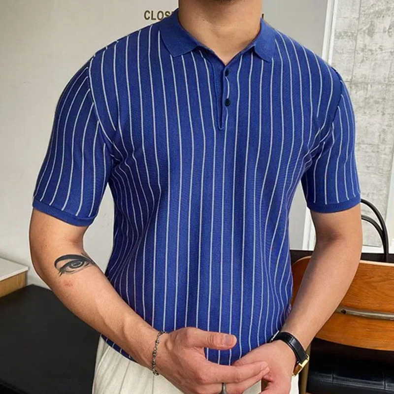 Mens Top Summer Striped Knit Sweater Slim Fit Short Sleeved Lapel Business Polo Shirt for Men 250517