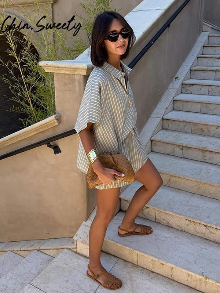 Vacation Striped Lace Up Women Shorts Suit Casual Lapel Half Sleeve Single Breasted Shirt Loose Short Pants Summer Lady Set 250517
