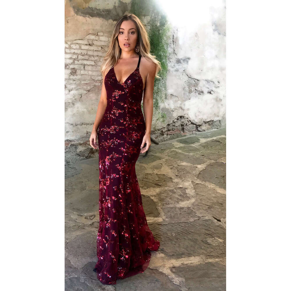 Maxi Dress New Women S With Camisole V Neck Backless Sequin Lace Up Dress KQ