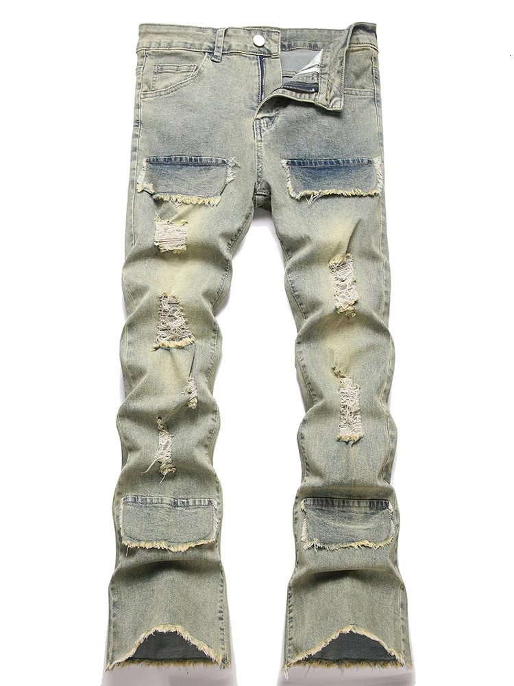 Mens American Hip-Hop High Street Ripped Raw Edge Contrast Stitching Loose Straight Flared Jeans Trendy Streetwear 250517