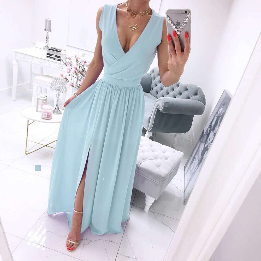 Maxi Dress Summer New Sleeveless Solid V Neck Dress Women S Wear KQ