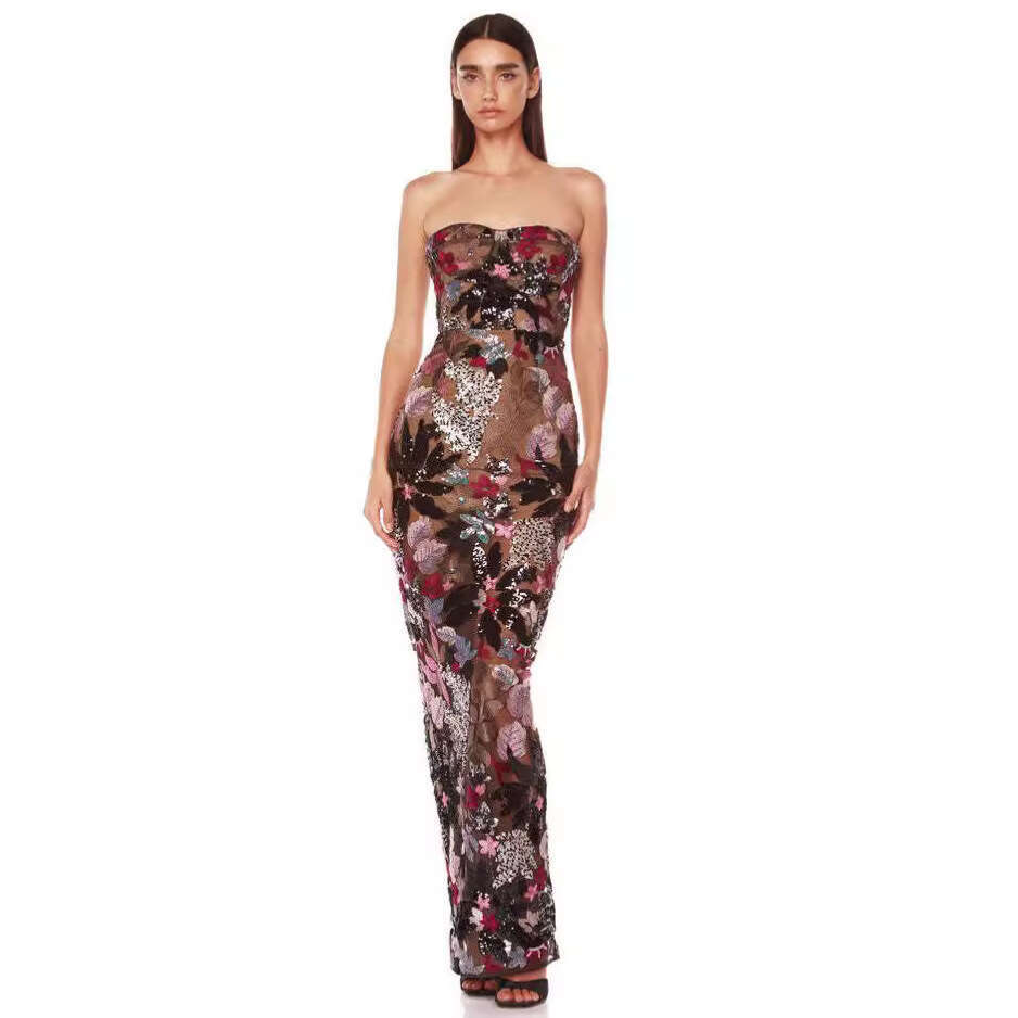 New strapless mesh sequin embroidered print fashionable and elegant slimming women's dress