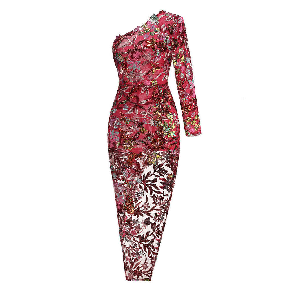 Maxi Dress D Sequin Embroidered Single Shoulder For Spring Summer Women With A High End Feel Including Hip Hugging Banquet Dress And Skirt KQ