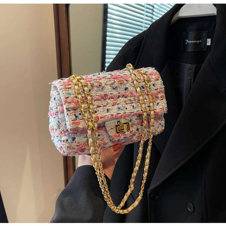 Casual Tweed 2025 New Women's Fashion Chain Crossbody Small Square Bag