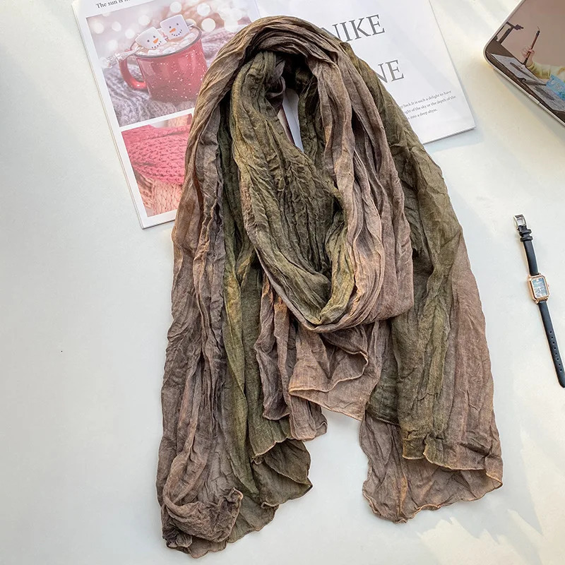 Retro Ethnic Style Cotton and Linen Scarf Women Tie-dye Long Folds Gradual Change Color Shawl Korean Literary Fresh Cotton Silk 250517
