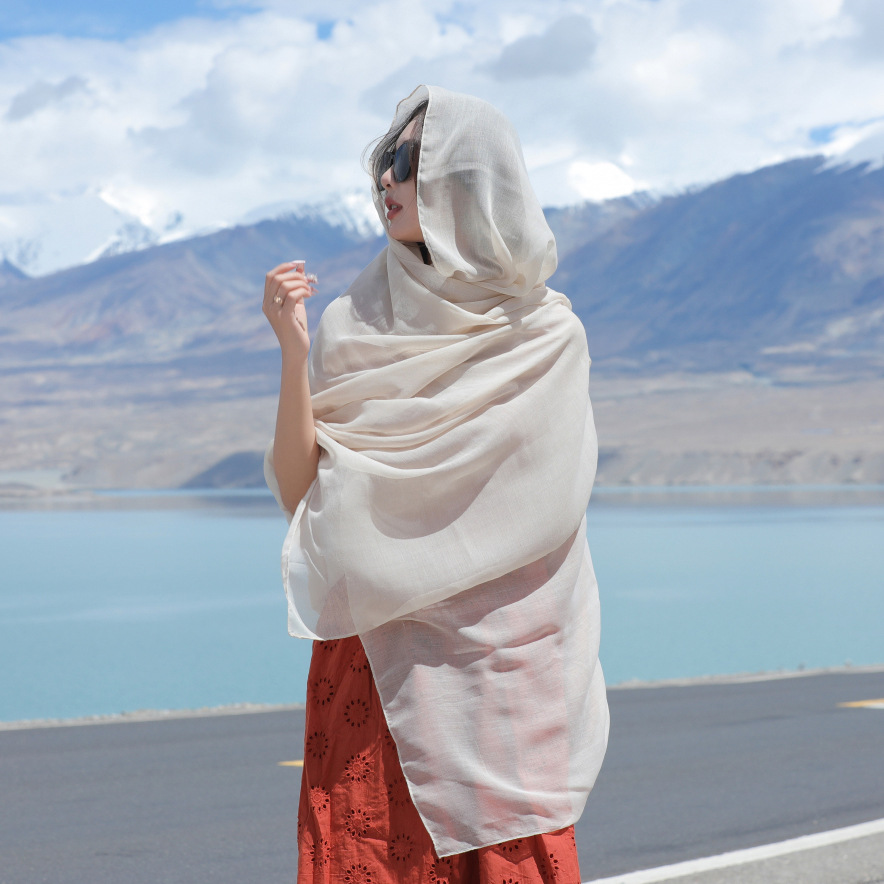 K754 Spring and autumn oversized cotton and linen scarf solid color ethnic style seaside vacation sunscreen shawl beach towel silk scarf women