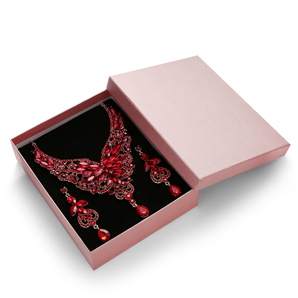 Trendy Red Crystal Jewelry Set Necklace Earrings Ins Style Fashion Statement Rhinestone Accessories for Women